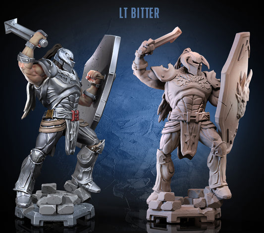 Rear and side view of Lt. Bitter miniature highlighting detailed armor, long hair flowing behind, and the broad sword extending down to the base.