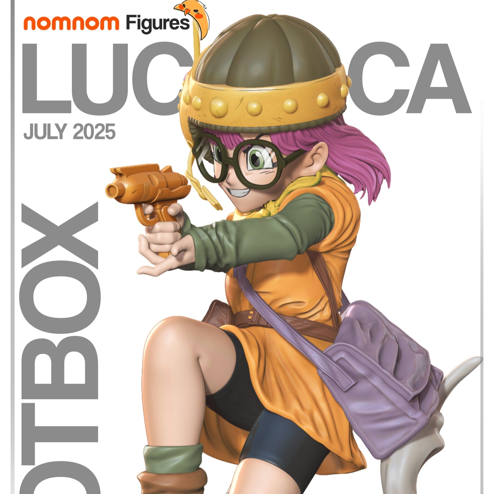 Luca Chrono Trigger 1:10 scale figure unpainted parts layout showing 18 components including head, arms, blaster, backpack, and rock base.