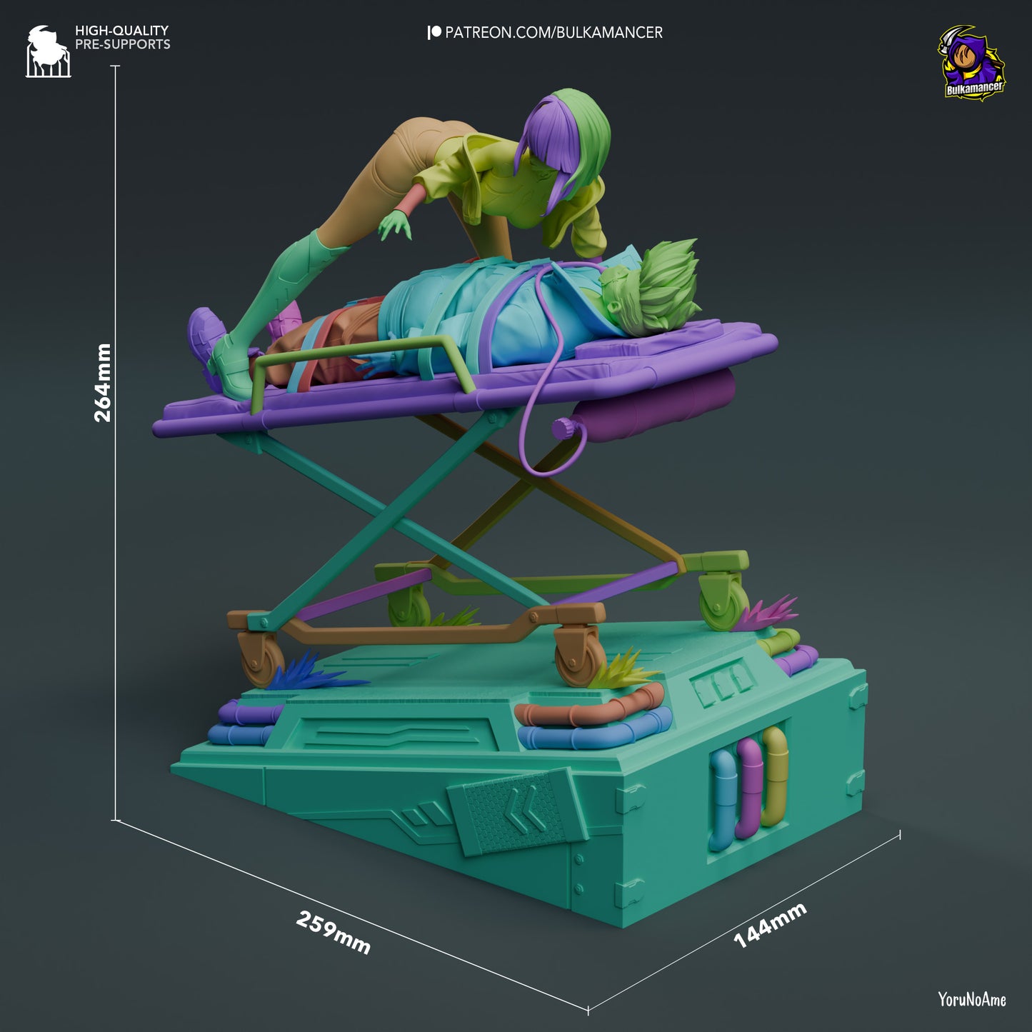 Display figure dimensions showing Lucy from Cyberpunk: Edgerunners leaning over David Martinez, who is strapped to a gurney, on a futuristic platform.