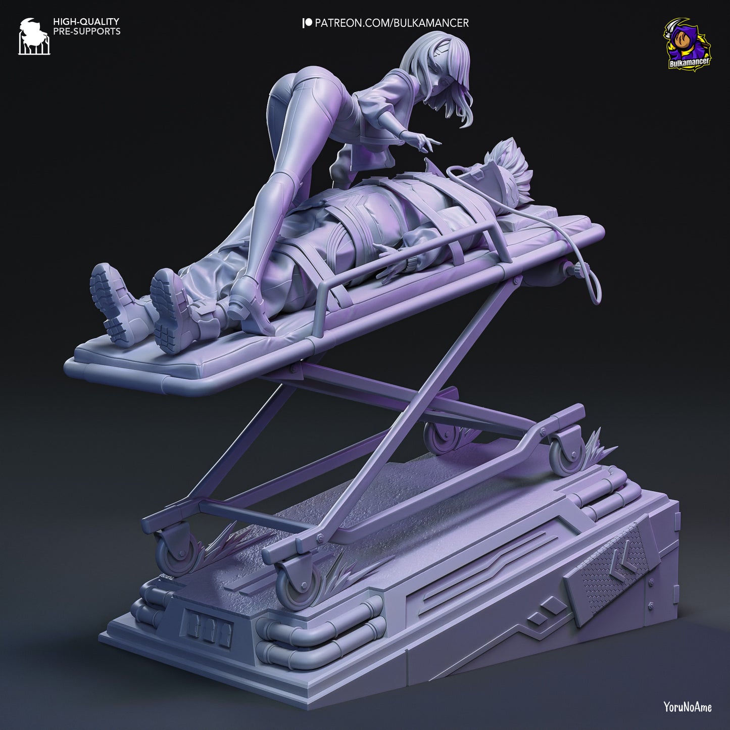 Grey-scale render of the display figure depicting Lucy leaning over David Martinez on a gurney, highlighting sculpted details and futuristic design.