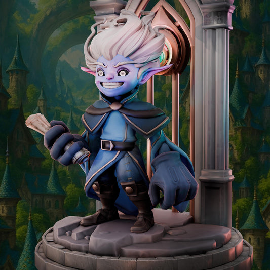 Small Sprite fantasy miniature unpainted render with wild hair and scroll, standing on stone base with archway.