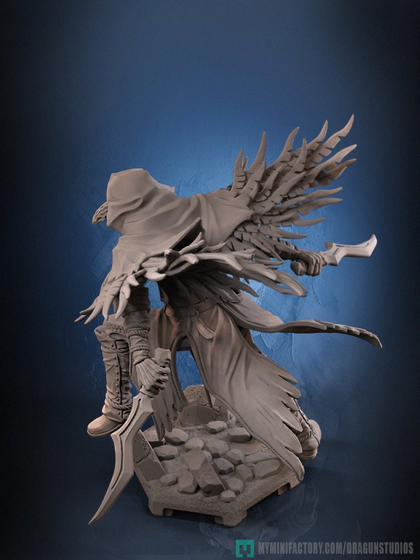 Back view of LawII Crow Set miniature, featuring cloak and dual weapons.