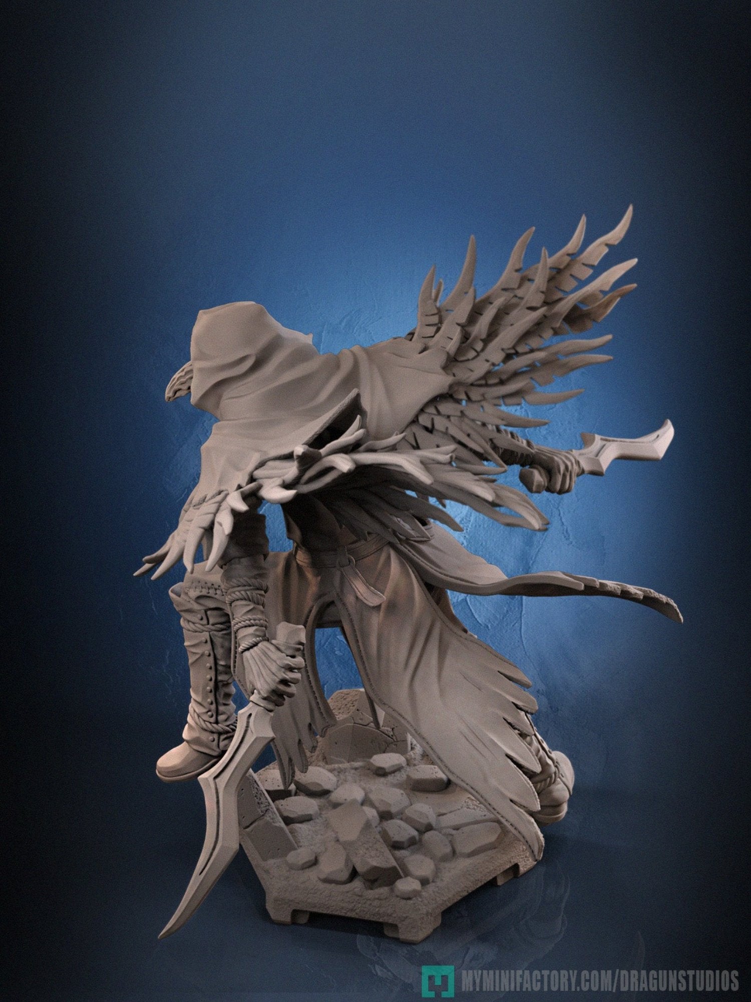 Back view of LawII Crow Set miniature, featuring cloak and dual weapons.