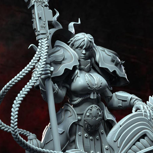 Agnes the Blade of the Emperor, a warrior in intricate armor wielding a massive spear and shield, depicted in a detailed miniature for dark fantasy and sci-fi tabletop RPGs.