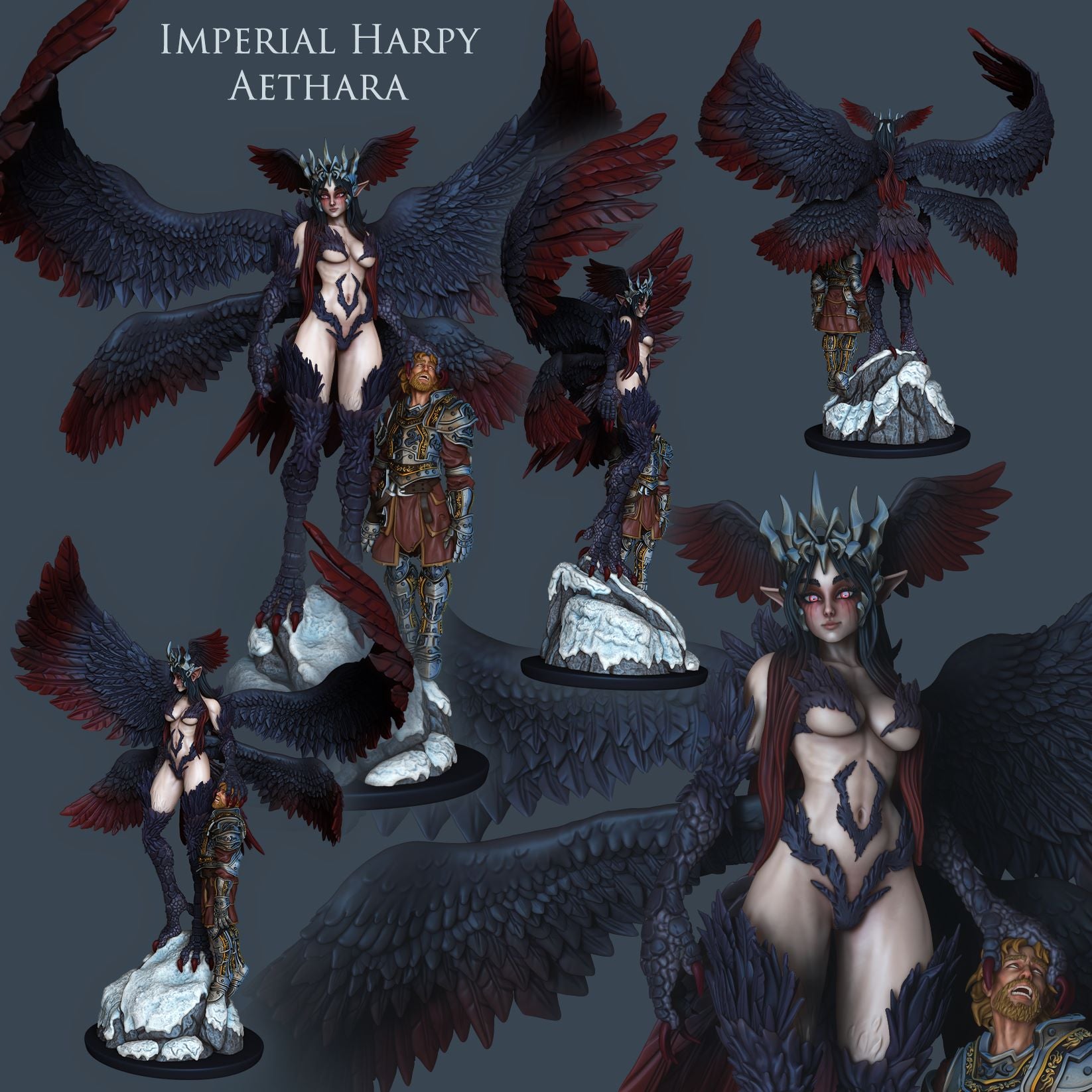 Harpy Aethara with dark red and black wings, standing beside a dead human warrior held in her claws on a rocky base.