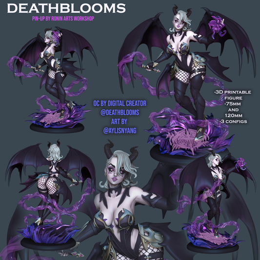 Multiple views of a succubus-like figure with bat wings and horns, casting purple energy, wearing dark armor, and standing on a detailed base surrounded by magical effects.