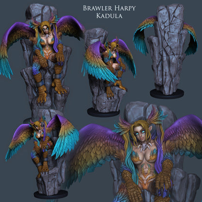 Detailed front, side, and back view of Brawler Harpy Kadula showing her vibrant wings and fierce talons.