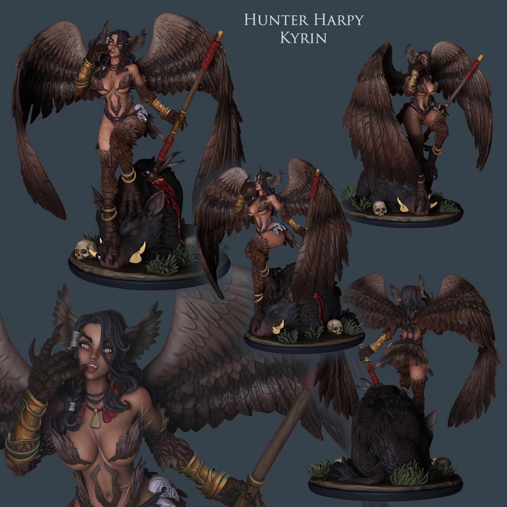 Hunter Harpy Kyrin miniature standing atop a slain boar with spear in hand.