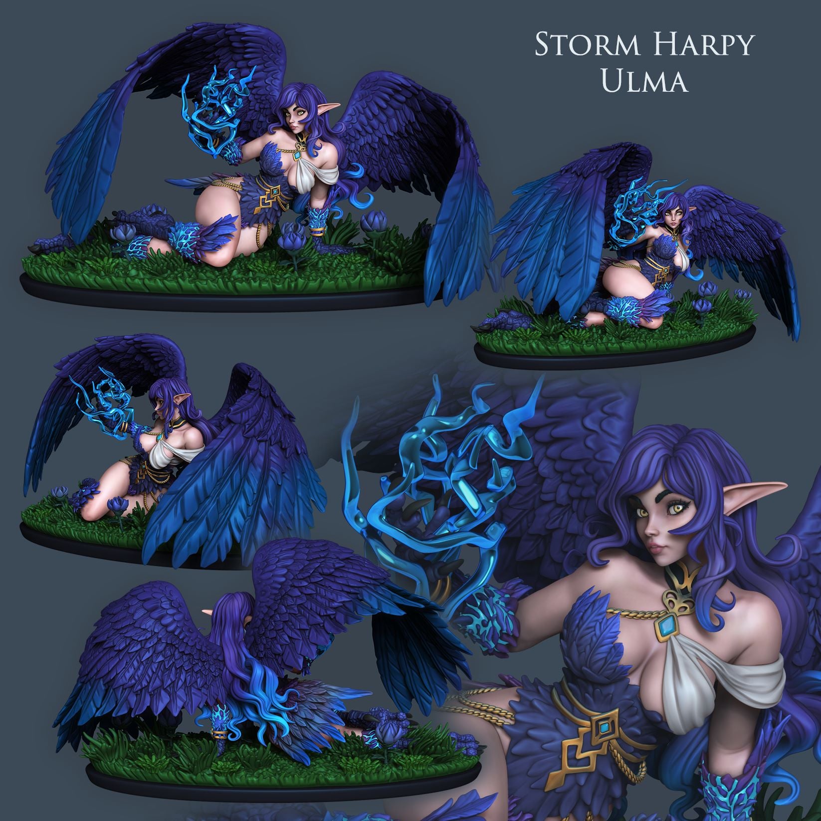 Multiple views of Storm Harpy Ulma showing her wings, armor, and magical energy details.