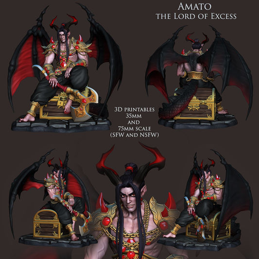 Amato, the Lord of Excess, depicted in vibrant armor, sitting on a treasure chest, wings spread, holding an axe, ready for roleplaying scenarios.