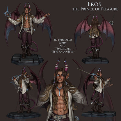 Eros, the incubus prince, depicted in multiple views with open wings, holding a sword and wearing an open shirt, ready for roleplaying adventures.