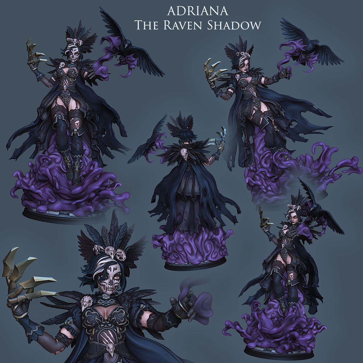 A collage showcasing various angles of Adriana the Raven Shadow, highlighting her skeletal mask, clawed hand, raven companion, and swirling mist base. Perfect for dark fantasy TTRPG settings.