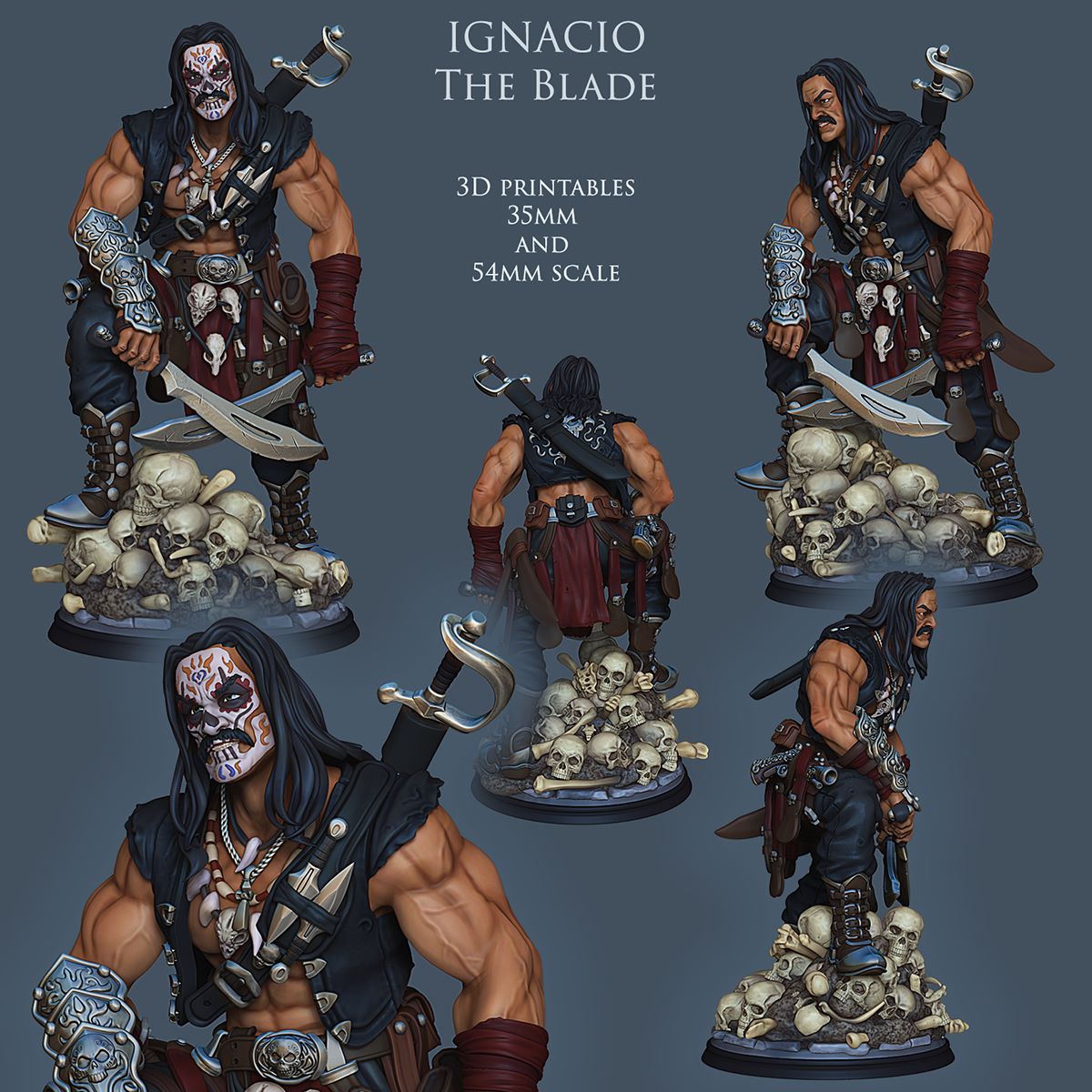 Multiple views of Ignacio the Blade, showcasing his scarred face, detailed attire, skull-covered base, and twin-blade stance.