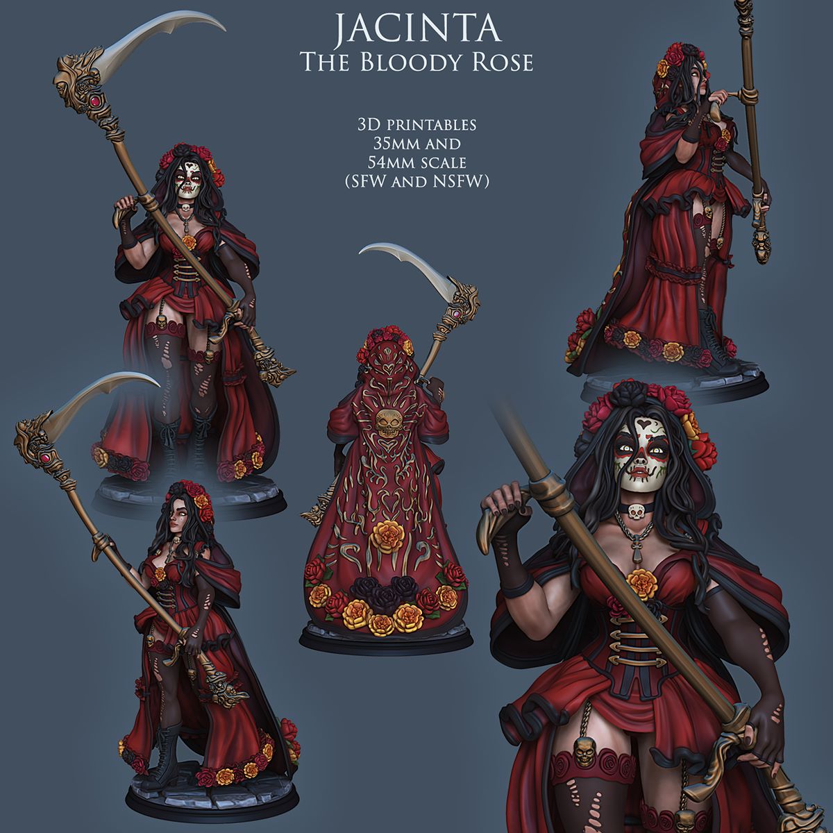 Jacinta the Bloody Rose in multiple angles, showcasing her detailed scythe, floral crown, and intricate clothing, perfect for dark fantasy TTRPG scenes.