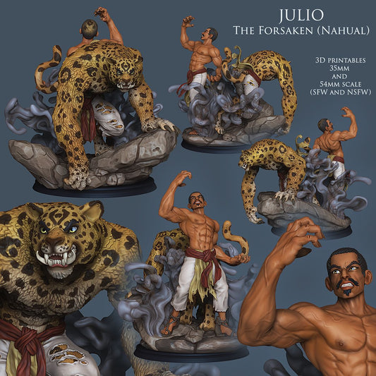 Multiple angles of Julio the Forsaken in human and jaguar forms, displaying muscular build, intense expression, and mist effects, capturing his dual nature.