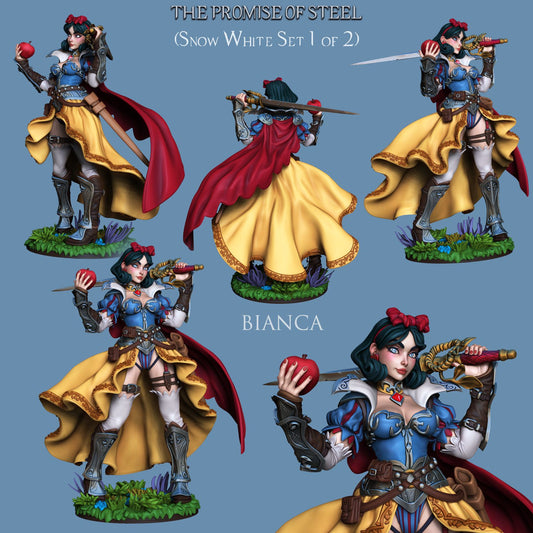 Bianca miniature in full color, holding a sword and an apple, wearing a vibrant dress with intricate armor details.