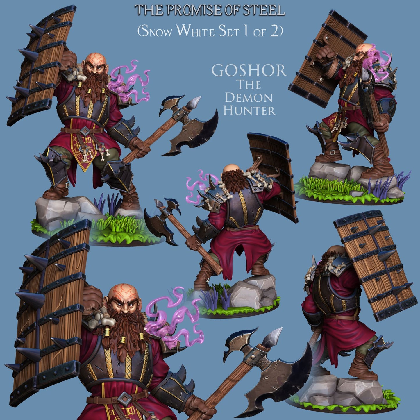 Front view of Goshor the Demon Hunter, dwarf with spiked shield and axe, battle-ready pose.