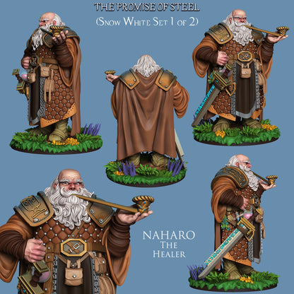 Naharo the Healer, a bearded dwarf figurine, holding a pipe in one hand and a rune-etched sword sheathed at his side, adorned in a detailed cloak and armor, posed on a grassy base.