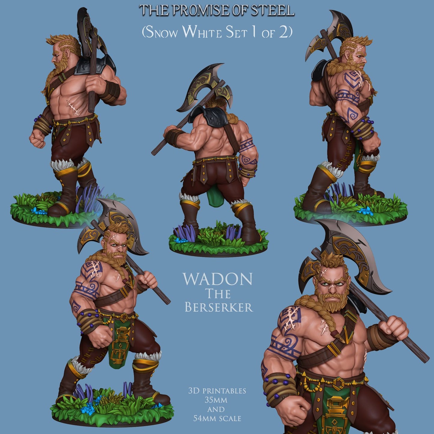 Wadon the Berserker wielding an ornate axe, standing confidently on a grassy base with blue flowers.