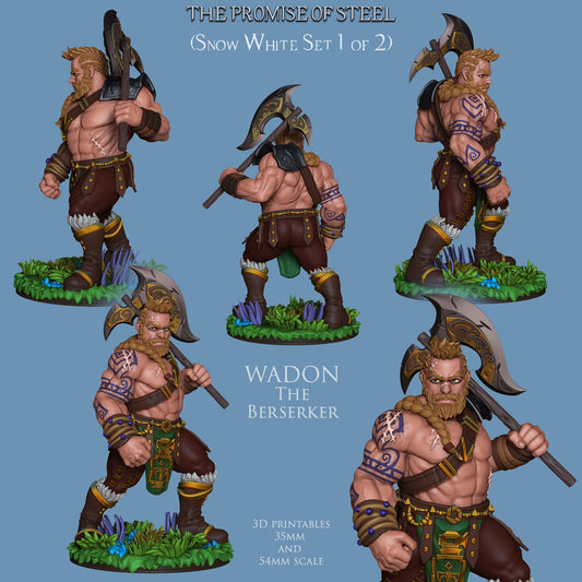 Wadon the Berserker wielding an ornate axe, standing confidently on a grassy base with blue flowers.