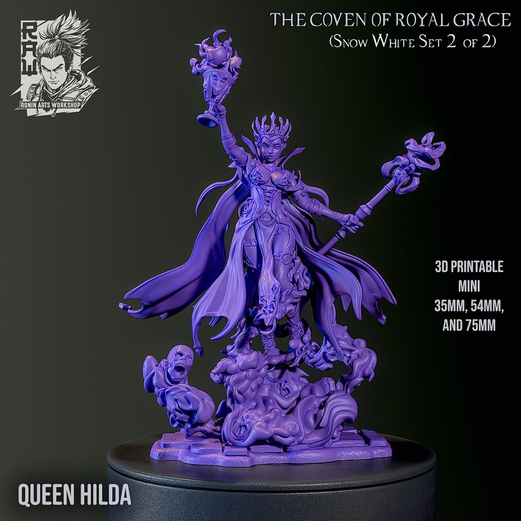 Front view of Queen Hilda, a regal sorceress wearing ornate armor and a flowing cape, holding a staff while surrounded by ghostly apparitions. Ideal for tabletop RPGs like Dungeons & Dragons and Pathfinder.