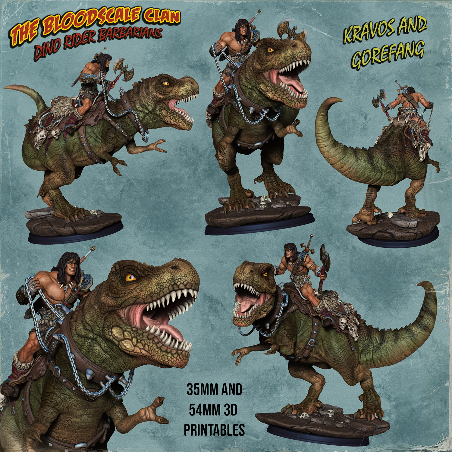 Painted collage of Kravos and Gorefang miniatures showing various angles of the dynamic barbarian and his fearsome T-Rex steed.