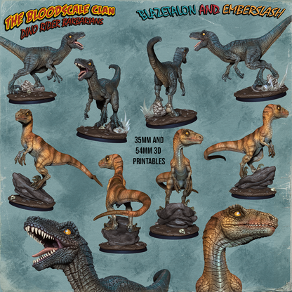 Painted collage of Blazetalon and Emberslash miniatures, showing detailed scale textures, base designs, and aggressive poses from multiple angles.