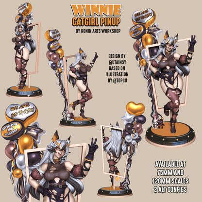 Multi-angle collage of the Winnie Catgirl Pinup, showing two outfit variants, base accessories, balloon props, and frame pose in both 75mm and 120mm scales.