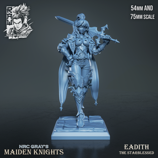 Eadith the Starblessed unpainted miniature in full armor with greatsword, front view