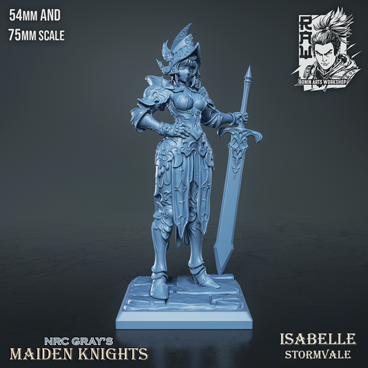 Isabelle Stormvale Maiden Knights unpainted 3D figurine in ornate armor holding greatsword