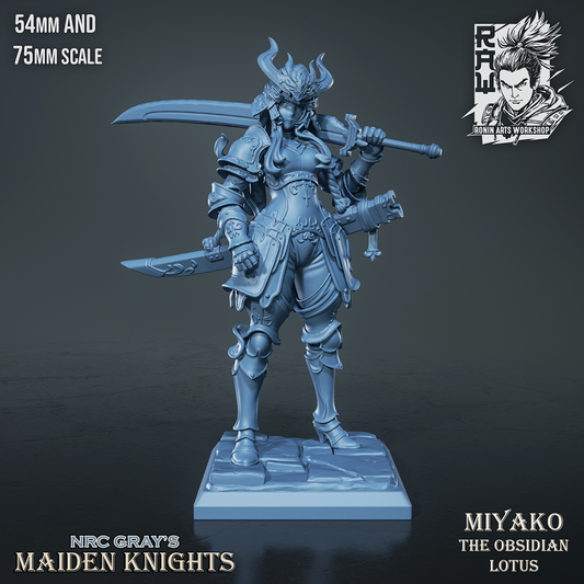 Miyako the Obsidian Lotus 3D miniature render in unpainted blue, holding dual curved blades, fantasy female samurai knight in ornate armor.