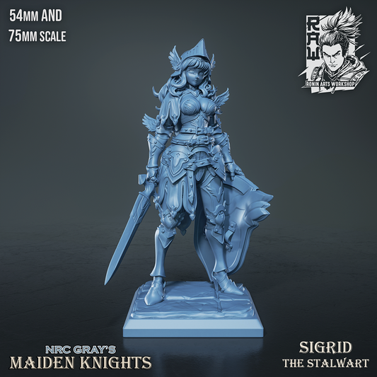 Sigrid the Stalwart fantasy miniature unpainted 3D render, female knight in heavy armor with greatsword.
