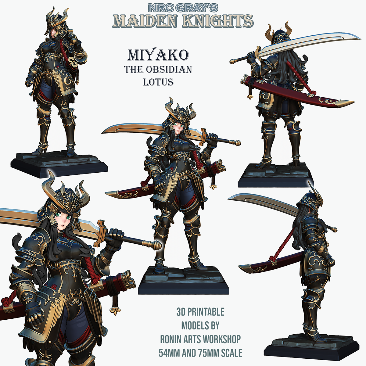 Dynamic angle of Miyako holding her massive curved blade across her shoulders, armored warrior stance.