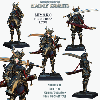 Dynamic angle of Miyako holding her massive curved blade across her shoulders, armored warrior stance.