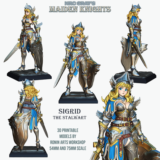Painted Sigrid the Stalwart miniature multiple angles, showing detailed silver and gold armor with flowing cape.