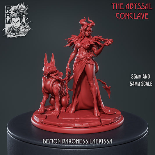 Unpainted Demon Baroness Laerissa model showing detailed sculpting of horns, tail, gown, and infernal beast companion on a circular base.