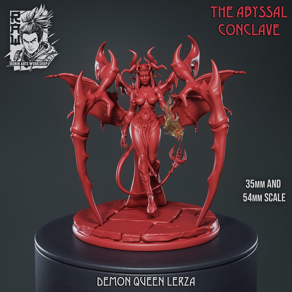Unpainted Demon Queen Lerza miniature with demonic wings, horns, and a fiery hand on a circular base.