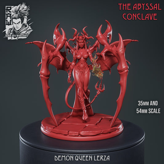Unpainted Demon Queen Lerza miniature with demonic wings, horns, and a fiery hand on a circular base.