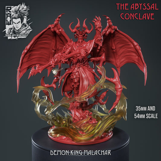 Unpainted Demon King Malachar miniature with massive wings, flaming base effects, and a double-bladed weapon on a circular platform.
