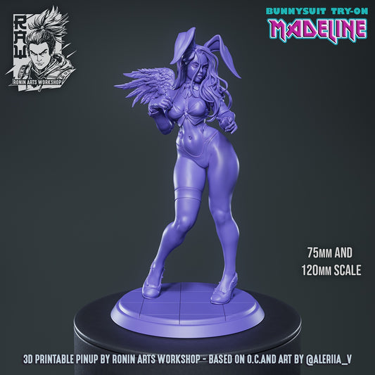 Unpainted Madeline 3D model showing sculpted details, bunny ears, and wings for 75mm and 120mm scale.