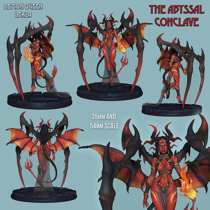 Painted Demon Queen Lerza miniature shown from multiple angles, featuring glowing red wings, horns, and infernal armor.