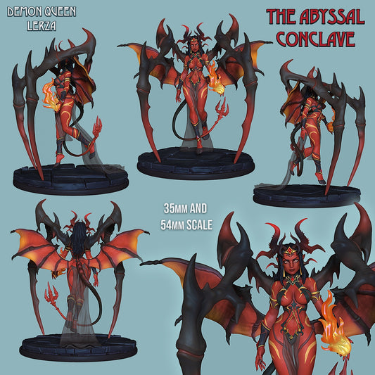Painted Demon Queen Lerza miniature shown from multiple angles, featuring glowing red wings, horns, and infernal armor.