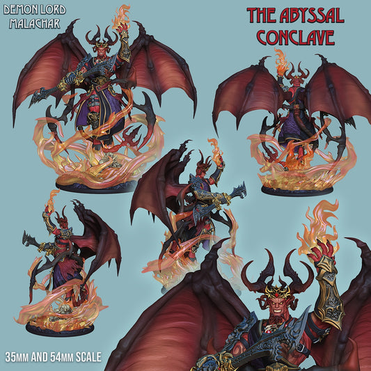 Painted Demon King Malachar miniature shown from multiple angles, featuring fiery wings, dark armor, and infernal flames swirling around the base.