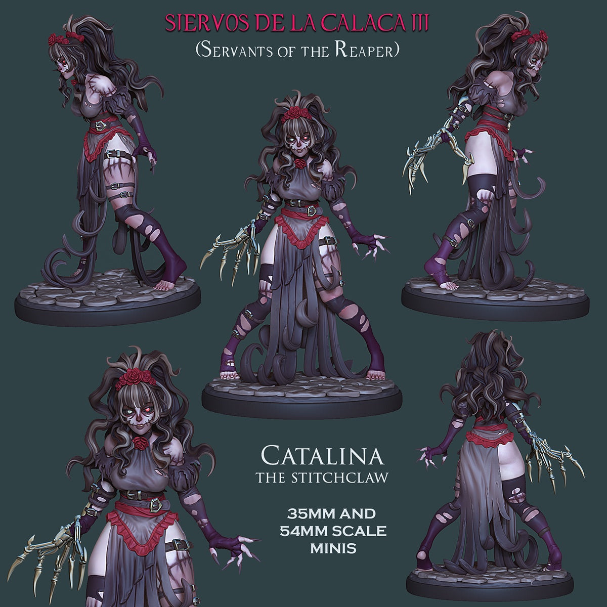 collage showing multiple angles of Catalina with pale skin, stitched limbs, and red accents; fantasy miniature from Servants of the Reaper series.