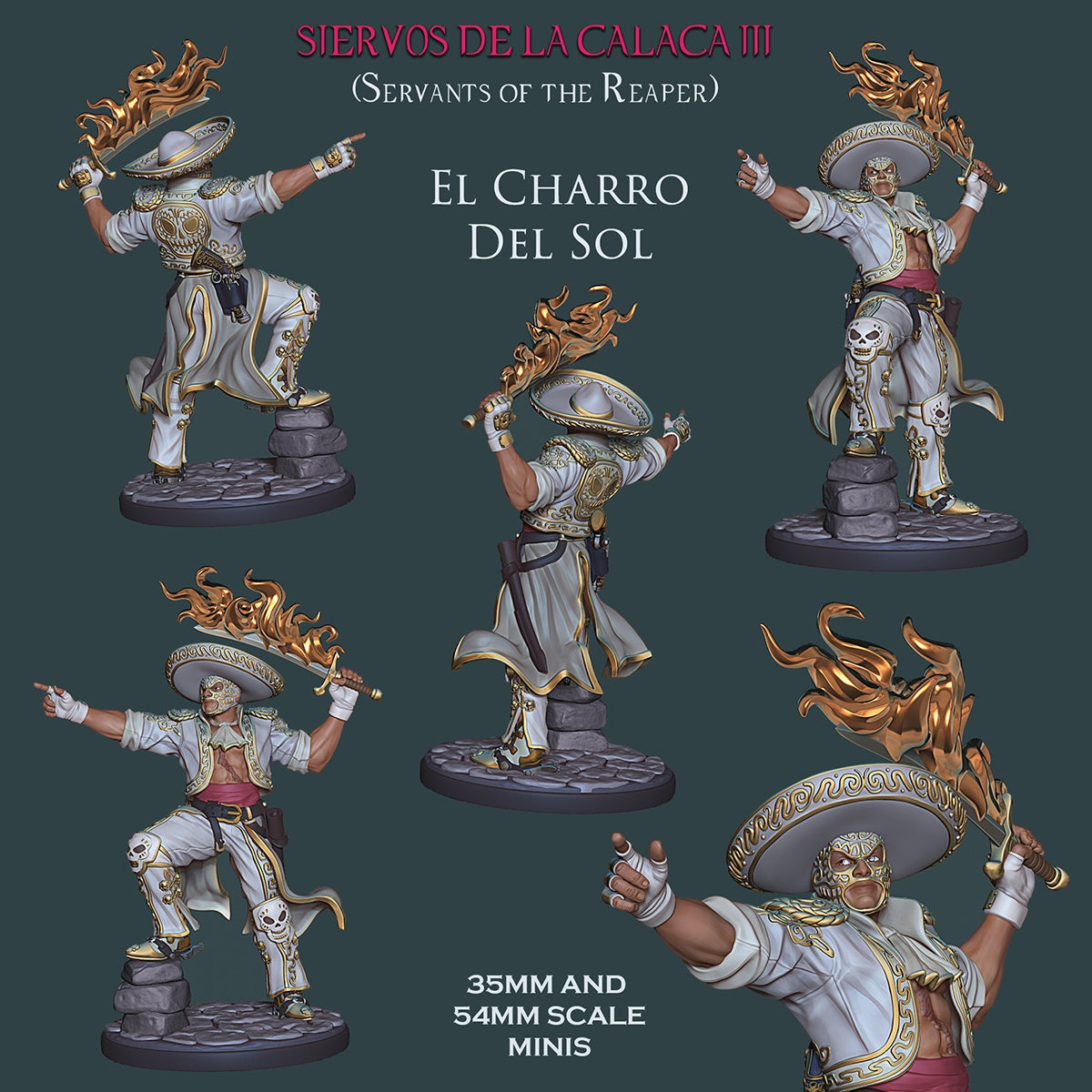 heroic luchador figure in ornate mariachi-style outfit holding flaming sword aloft; fantasy miniature available in 35mm and 54mm scales.