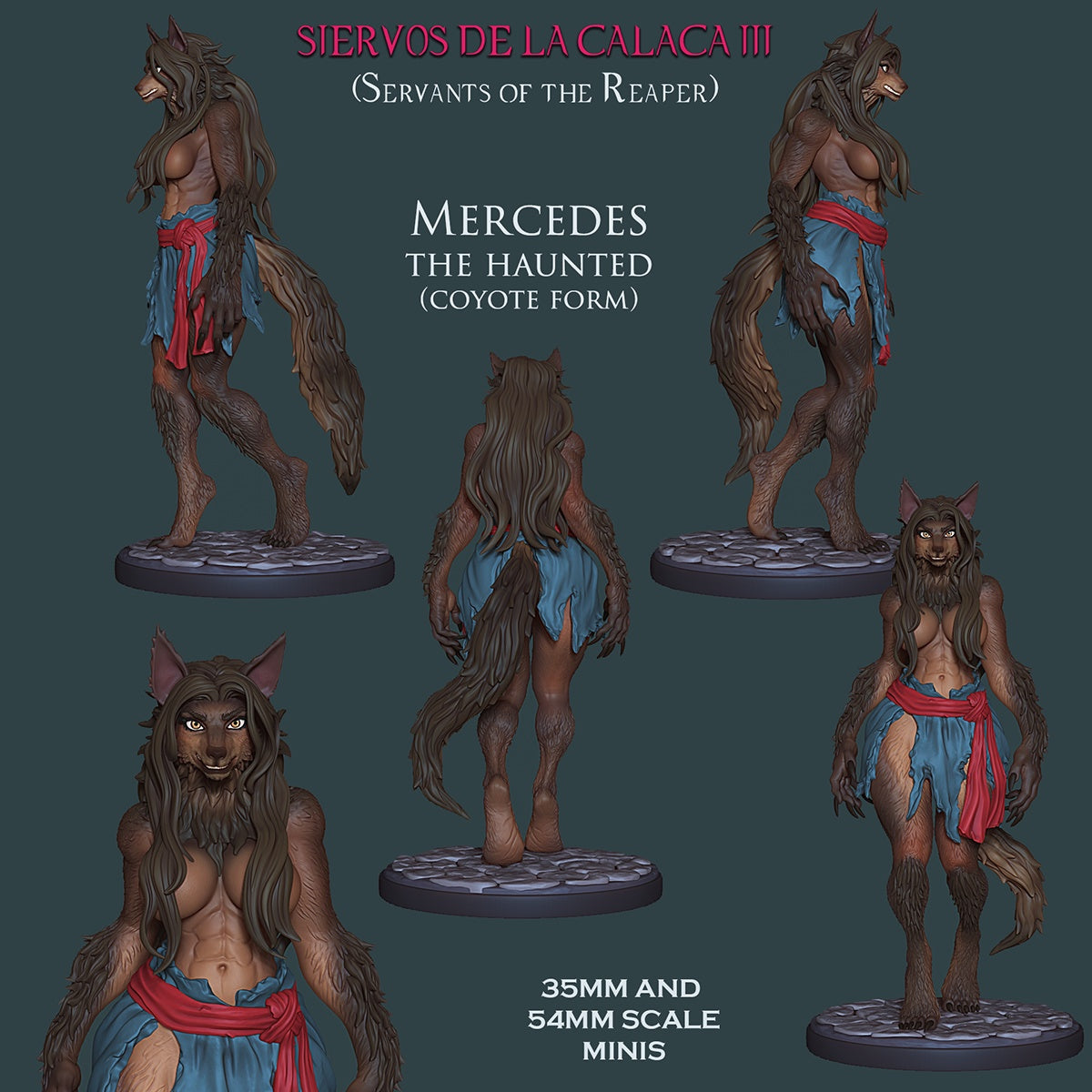 were-coyote female with long hair, furred limbs, and red sash; transformation form of Mercedes the Haunted, fantasy miniature by Ronin Arts Workshop.