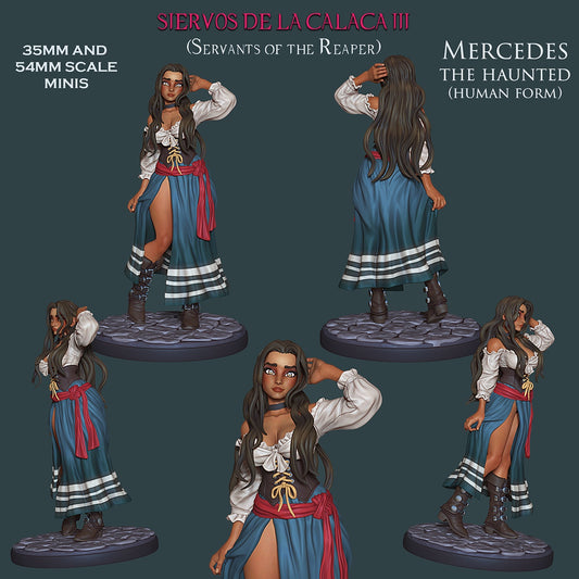 female fantasy character in a white blouse and blue skirt with red sash; human form of Mercedes the Haunted, available in 35mm and 54mm scales.