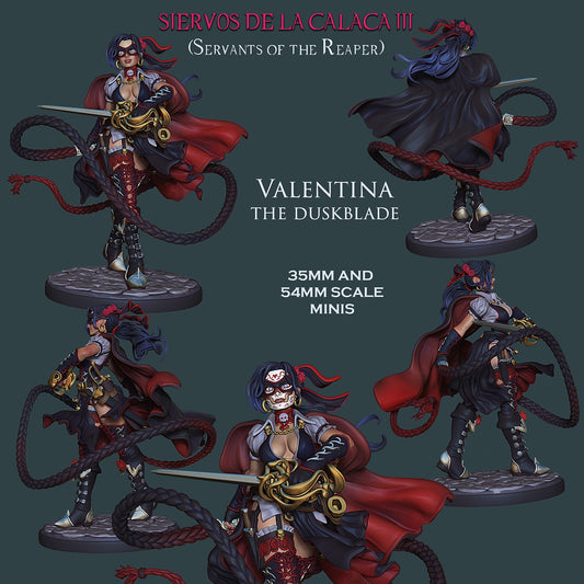 female swordswoman in red cloak and detailed armor wielding rapier and whip; fantasy gothic miniature in 35mm and 54mm scales.