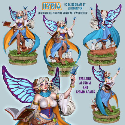 Ilyria fairy spellcaster miniature multiple angles showing front, side, and back views, butterfly wings, flowing hair, arcane book, fantasy fairy miniature at 75mm and 120mm