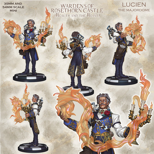 Lucien majordomo miniature shown in multiple angles with animated flame effects, noble attire, candelabra weapon, and arcane fire magic, fantasy NPC miniature for Dungeons and Dragons and Pathfinder
